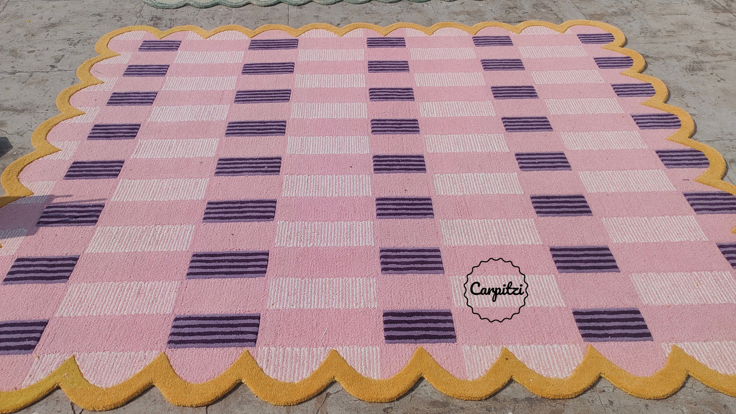 Pink Plaid Rug with Scalloped Edges | Handmade Wool Area Rug