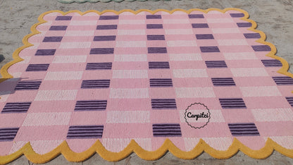 Pink Plaid Rug with Scalloped Edges | Handmade Wool Area Rug