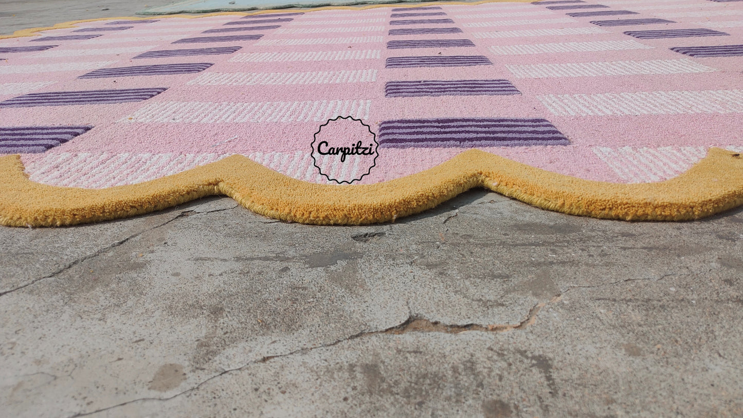 Pink Plaid Rug with Scalloped Edges | Handmade Wool Area Rug