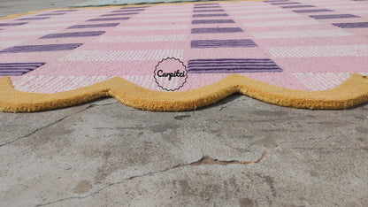 Pink Plaid Rug with Scalloped Edges | Handmade Wool Area Rug