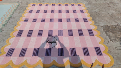 Pink Plaid Rug with Scalloped Edges | Handmade Wool Area Rug
