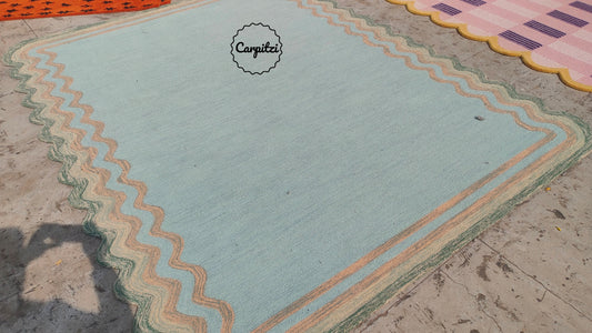 Pastel Blue Handmade Tufted Rug with Scalloped Border – Modern Yellow Wool Area Rug Carpitzi
