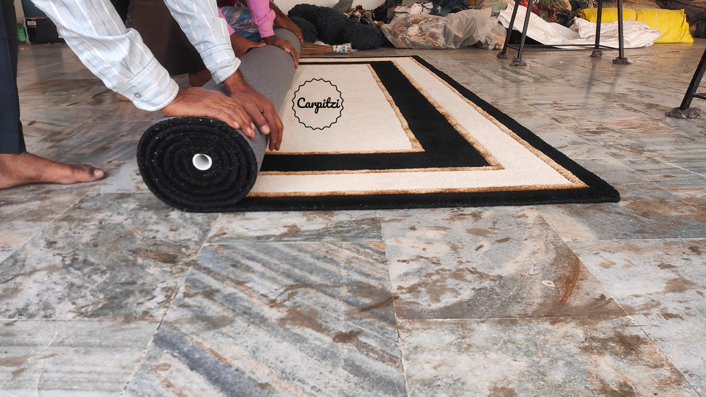 Nordic Frame Border Rug – Handmade Minimalist Wool Scandinavian Area Carpet