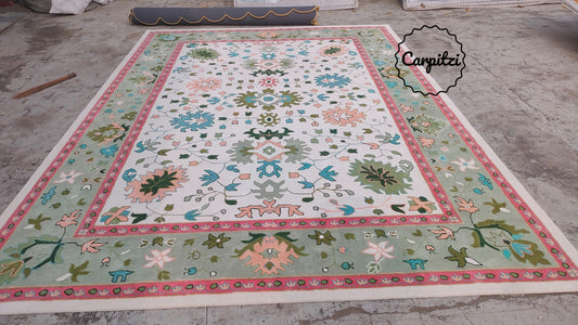 Hand-Tufted Oushak Inspired Rug – Floral Pastel Wool Area Rug with Green Border Carpitzi