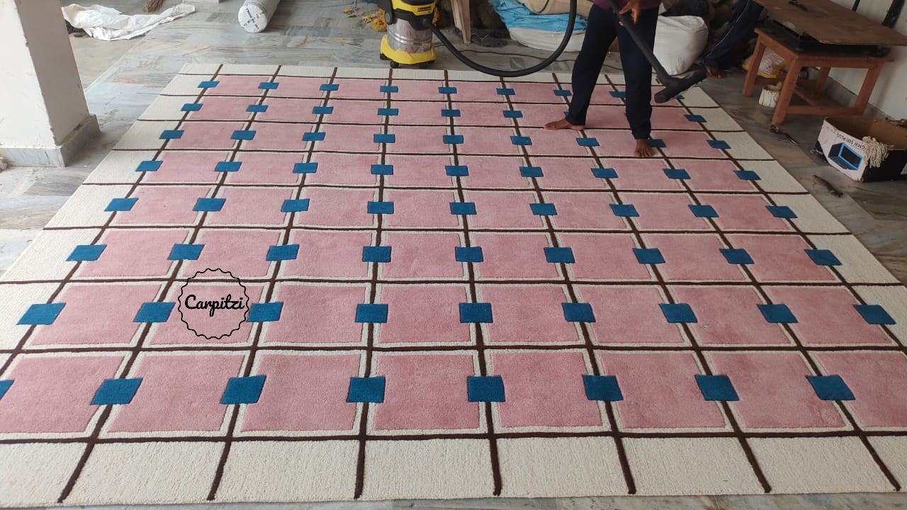 Modern Pink Grid Tufted Rug – Geometric Wool Area Carpet for Living Room- 8x10, 9x12 Rug Carpitzi