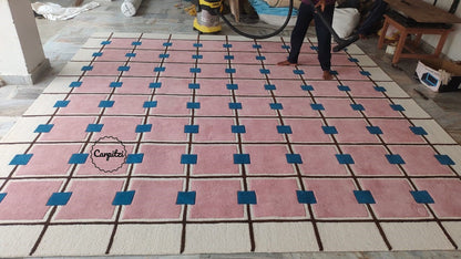 Modern Pink Grid Tufted Rug – Geometric Wool Area Carpet for Living Room- 8x10, 9x12 Rug Carpitzi