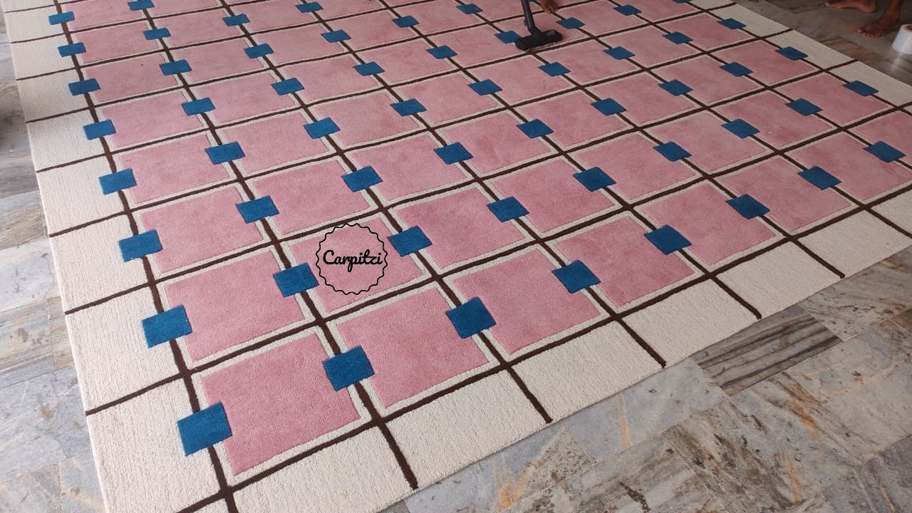 Modern Pink Grid Tufted Rug – Geometric Wool Area Carpet for Living Room- 8x10, 9x12 Rug Carpitzi