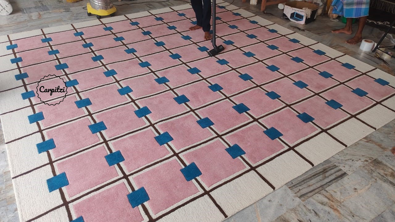 Modern Pink Grid Tufted Rug – Geometric Wool Area Carpet for Living Room- 8x10, 9x12 Rug Carpitzi