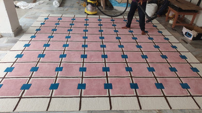 Luxurious Pink Check Pattern Woolen Tufted Rugs - Anthro-Inspired Modern Handmade Area Rugs for Living Room, Bedroom, Hall & Kitchen.