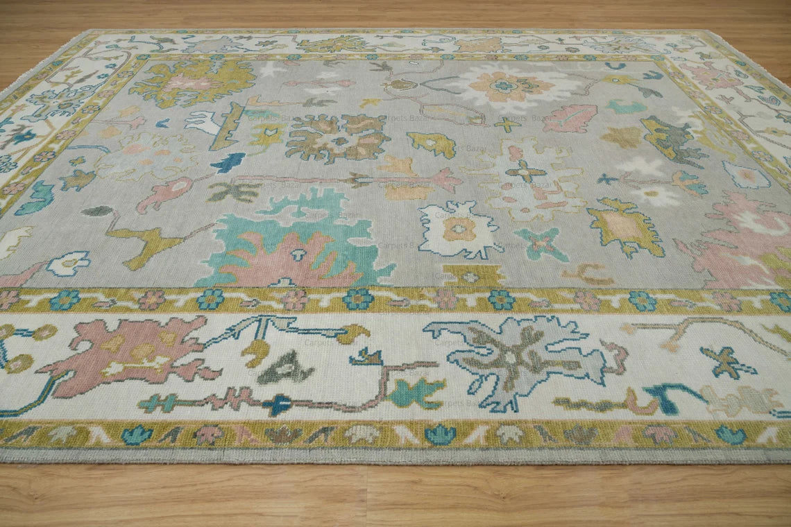 Thunder Gray Bloom Oushak Rug 8x10 | Hand-Knotted Turkish Rug | Mustard Gold, Teal & Ocean Blue Accents | Colorful Area Rug 9x12