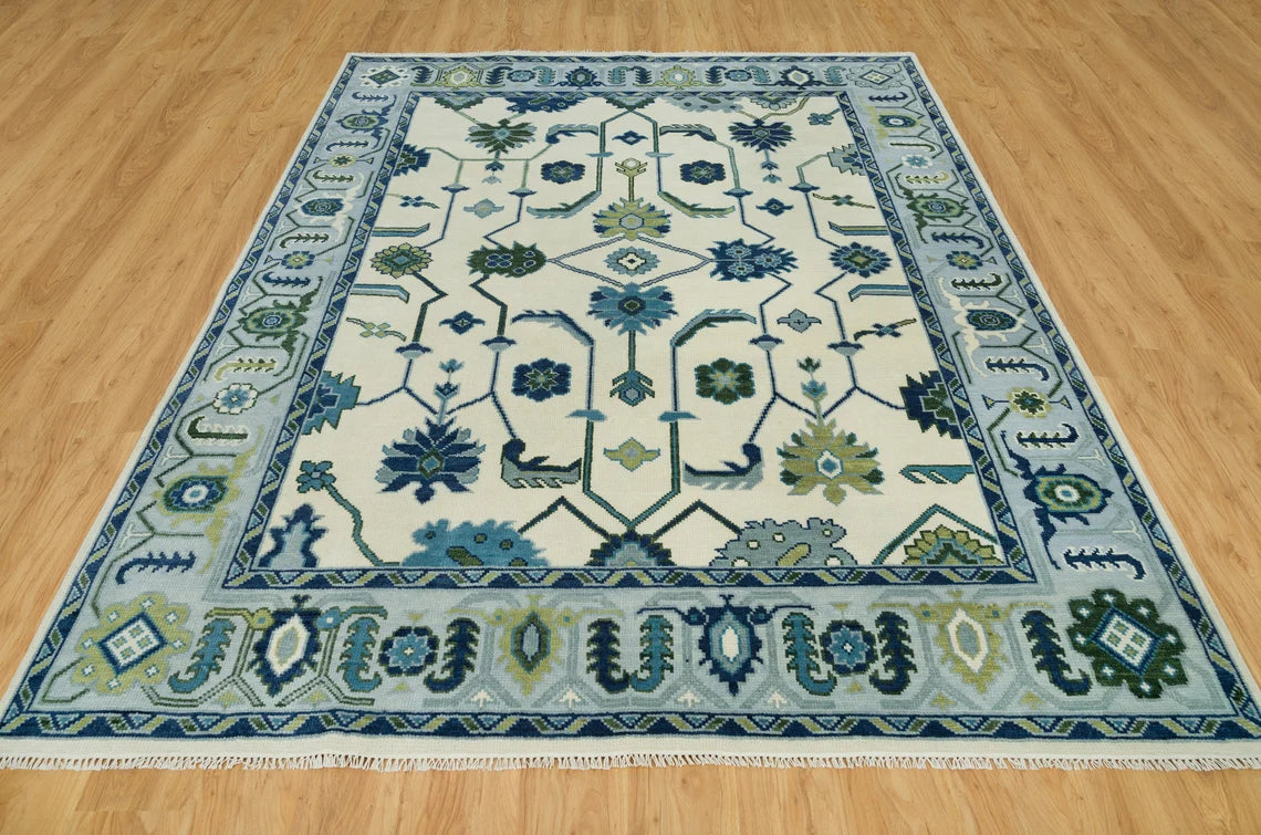 Azure Harmony Oushak - Hand-Knotted Turkish Rug | Blue & Ivory with Green and Navy Accents | Modern Oushak Rug