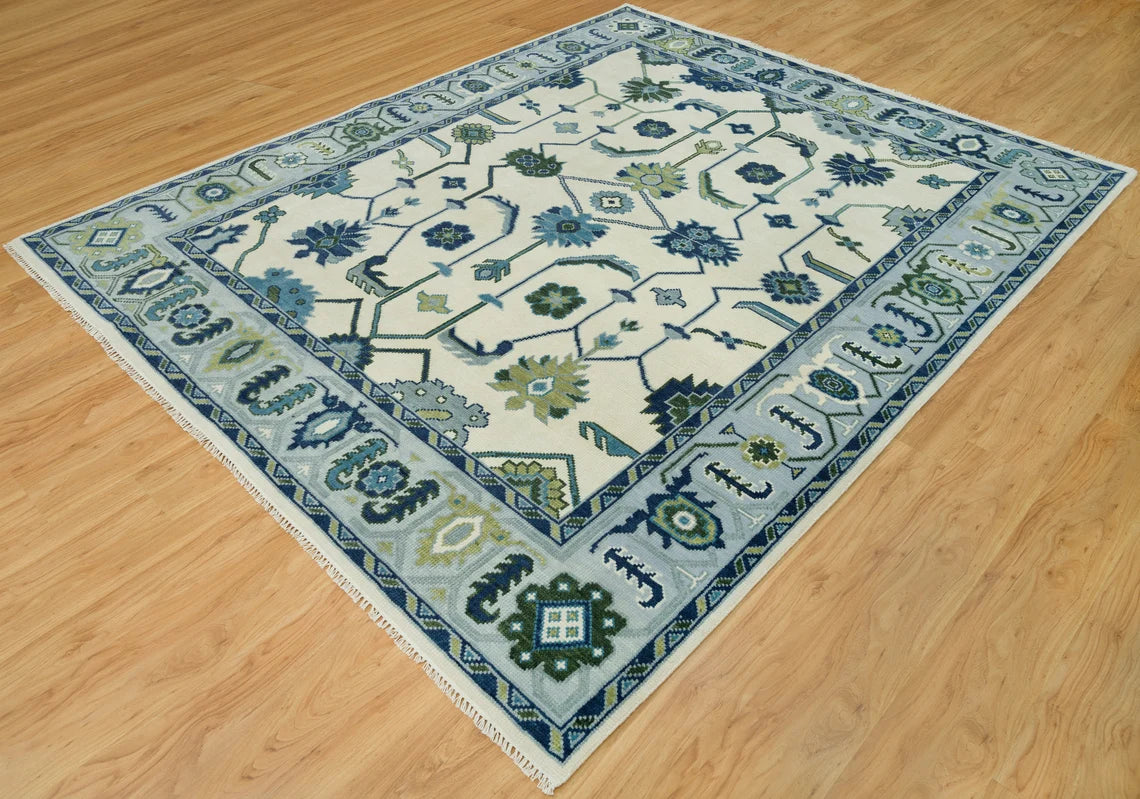 Azure Harmony Oushak - Hand-Knotted Turkish Rug | Blue & Ivory with Green and Navy Accents | Modern Oushak Rug