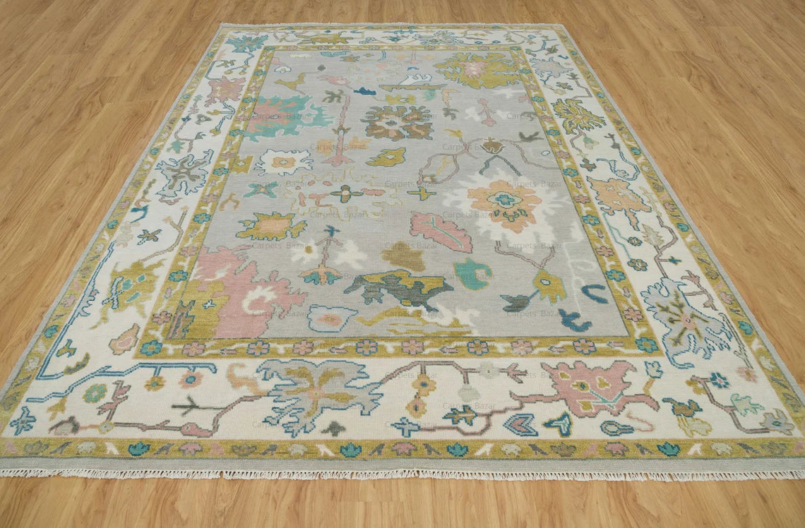 Thunder Gray Bloom Oushak Rug 8x10 | Hand-Knotted Turkish Rug | Mustard Gold, Teal & Ocean Blue Accents | Colorful Area Rug 9x12