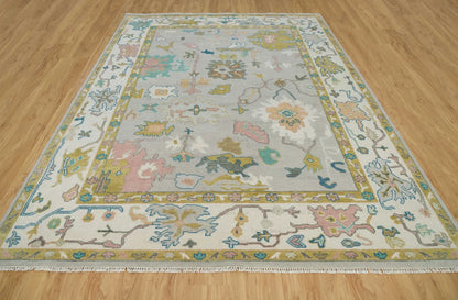 Thunder Gray Bloom Oushak Rug 8x10 | Hand-Knotted Turkish Rug | Mustard Gold, Teal & Ocean Blue Accents | Colorful Area Rug 9x12