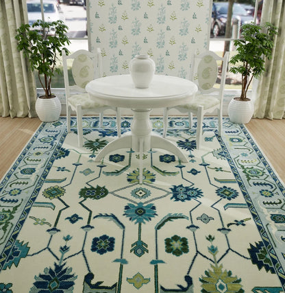 Azure Harmony Oushak - Hand-Knotted Turkish Rug | Blue & Ivory with Green and Navy Accents | Modern Oushak Rug