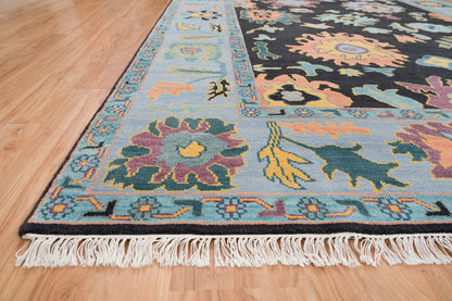 Modern Sky Blue Oushak Rug – Colorful Turkish Wool Area Carpet | Black Base with Orange, Purple & Green Floral Accents