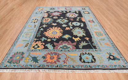 Modern Sky Blue Oushak Rug – Colorful Turkish Wool Area Carpet | Black Base with Orange, Purple & Green Floral Accents