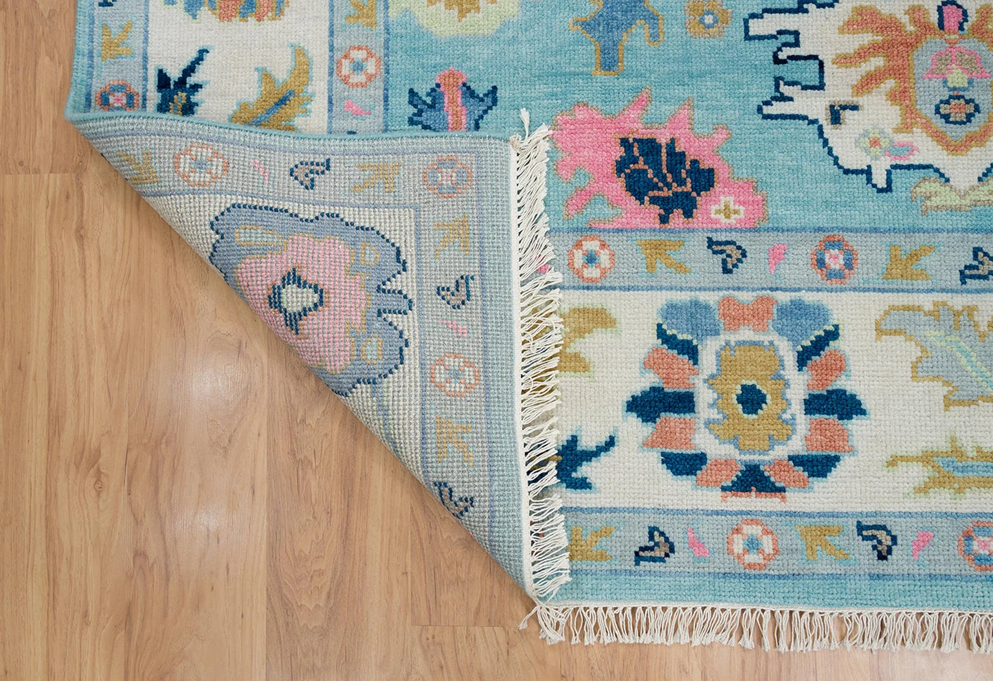 Oushak Rug – Light Blue Wool Area Rug 8x10 or 9x12 | Ivory, Pink, Green, Navy | Handknotted Turkish Carpet