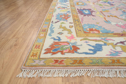 Modern Multicolor Pink Oushak Rug – Handmade Turkish Wool Rug (8x10, 9x12) for Bedroom or Living Room
