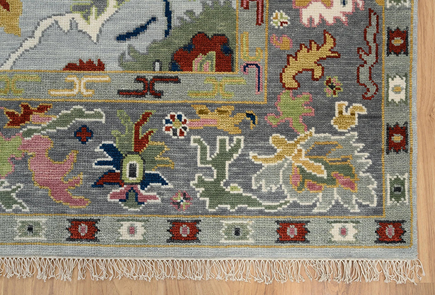 Modern Oushak Rug – Gray, Green & Red Wool Area Rug | Colorful Neutral Turkish Oriental Carpet in Silver Tones
