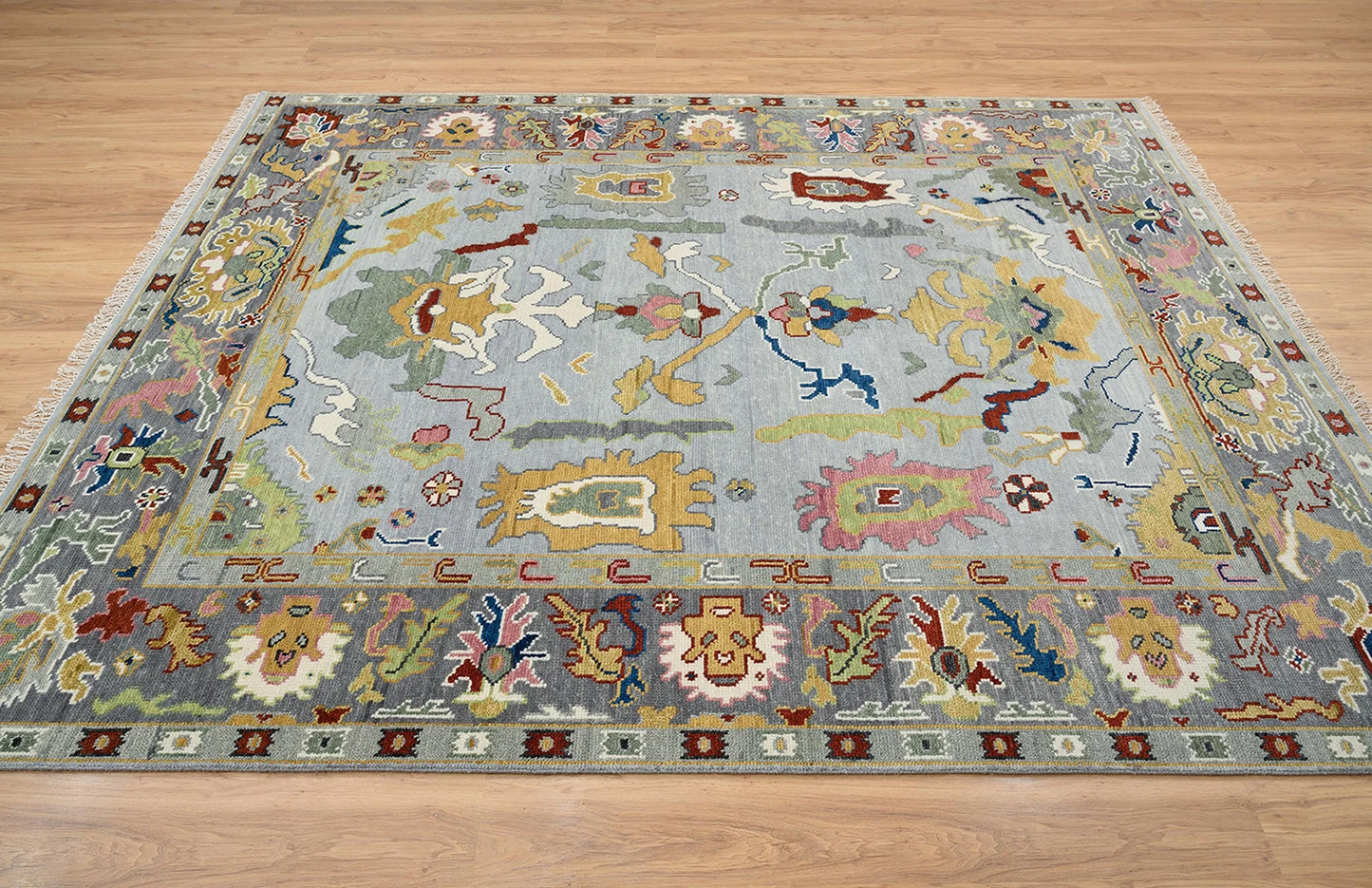 Modern Oushak Rug – Gray, Green & Red Wool Area Rug | Colorful Neutral Turkish Oriental Carpet in Silver Tones