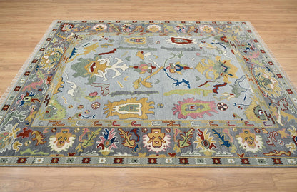 Modern Oushak Rug – Gray, Green & Red Wool Area Rug | Colorful Neutral Turkish Oriental Carpet in Silver Tones