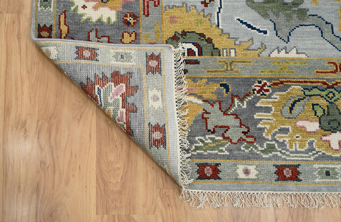 Modern Oushak Rug – Gray, Green & Red Wool Area Rug | Colorful Neutral Turkish Oriental Carpet in Silver Tones