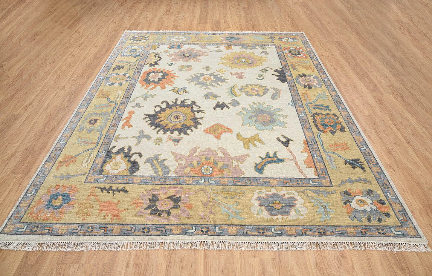 Neutral Oushak Rug – Ivory & Gold Wool Area Rug | Contemporary Multicolored Turkish Rug for Living Room or Bedroom