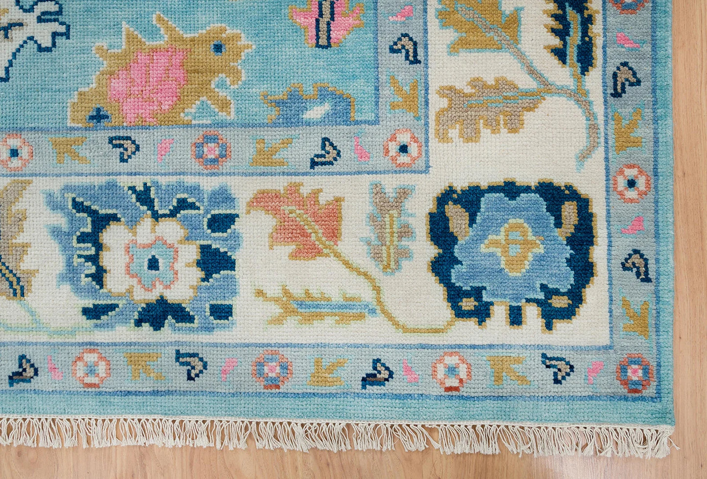 Oushak Rug – Light Blue Wool Area Rug 8x10 or 9x12 | Ivory, Pink, Green, Navy | Handknotted Turkish Carpet