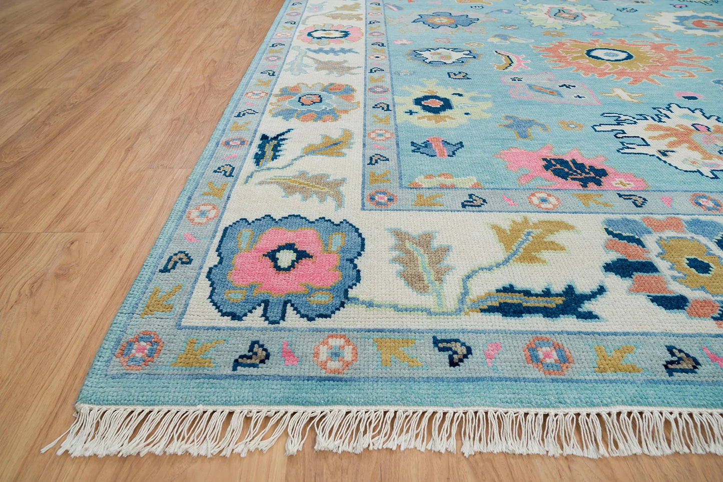 Oushak Rug – Light Blue Wool Area Rug 8x10 or 9x12 | Ivory, Pink, Green, Navy | Handknotted Turkish Carpet
