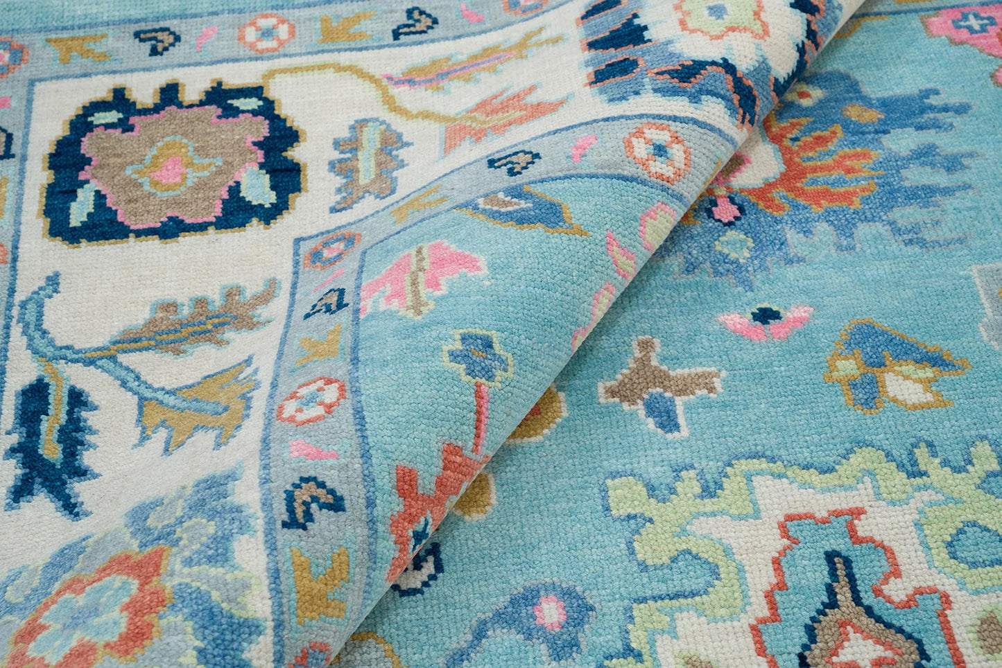 Oushak Rug – Light Blue Wool Area Rug 8x10 or 9x12 | Ivory, Pink, Green, Navy | Handknotted Turkish Carpet