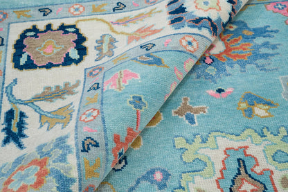 Oushak Rug – Light Blue Wool Area Rug 8x10 or 9x12 | Ivory, Pink, Green, Navy | Handknotted Turkish Carpet