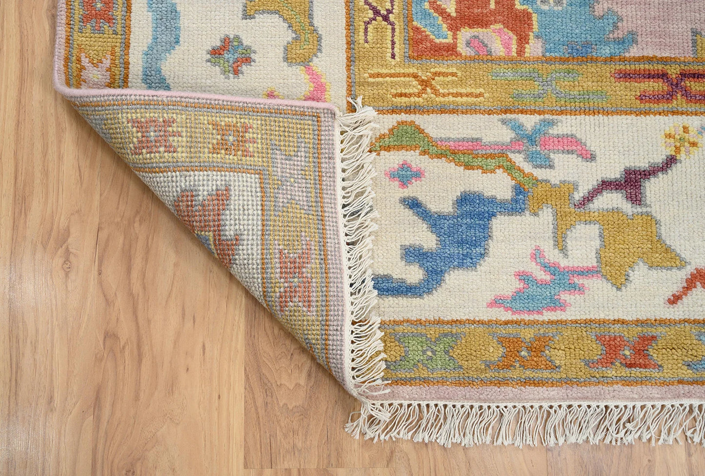 Modern Multicolor Pink Oushak Rug – Handmade Turkish Wool Rug (8x10, 9x12) for Bedroom or Living Room
