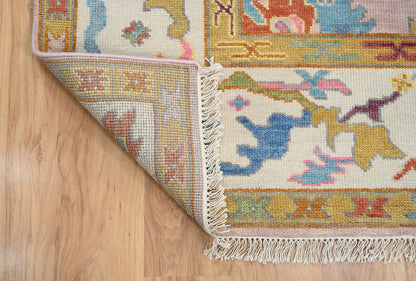 Modern Multicolor Pink Oushak Rug – Handmade Turkish Wool Rug (8x10, 9x12) for Bedroom or Living Room