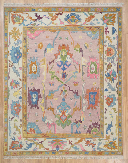 Modern Multicolor Pink Oushak Rug – Handmade Turkish Wool Rug (8x10, 9x12) for Bedroom or Living Room