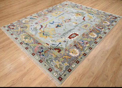Modern Oushak Rug – Gray, Green & Red Wool Area Rug | Colorful Neutral Turkish Oriental Carpet in Silver Tones