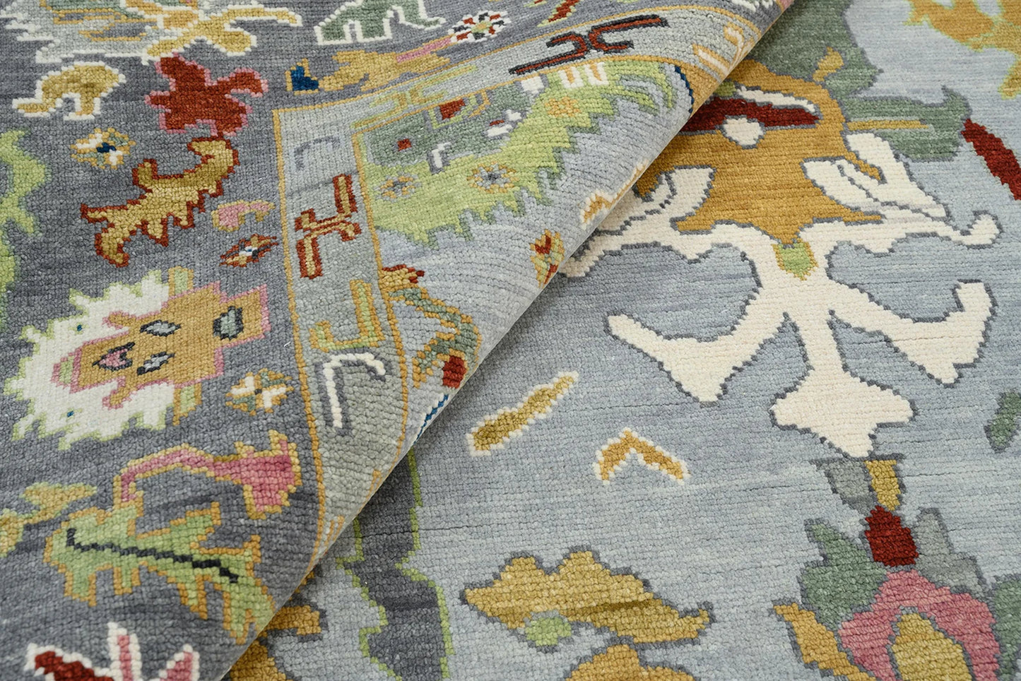 Modern Oushak Rug – Gray, Green & Red Wool Area Rug | Colorful Neutral Turkish Oriental Carpet in Silver Tones