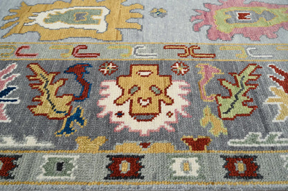 Modern Oushak Rug – Gray, Green & Red Wool Area Rug | Colorful Neutral Turkish Oriental Carpet in Silver Tones