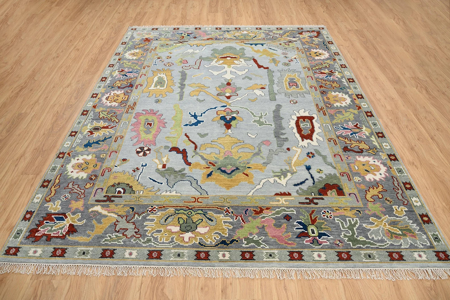 Modern Oushak Rug – Gray, Green & Red Wool Area Rug | Colorful Neutral Turkish Oriental Carpet in Silver Tones