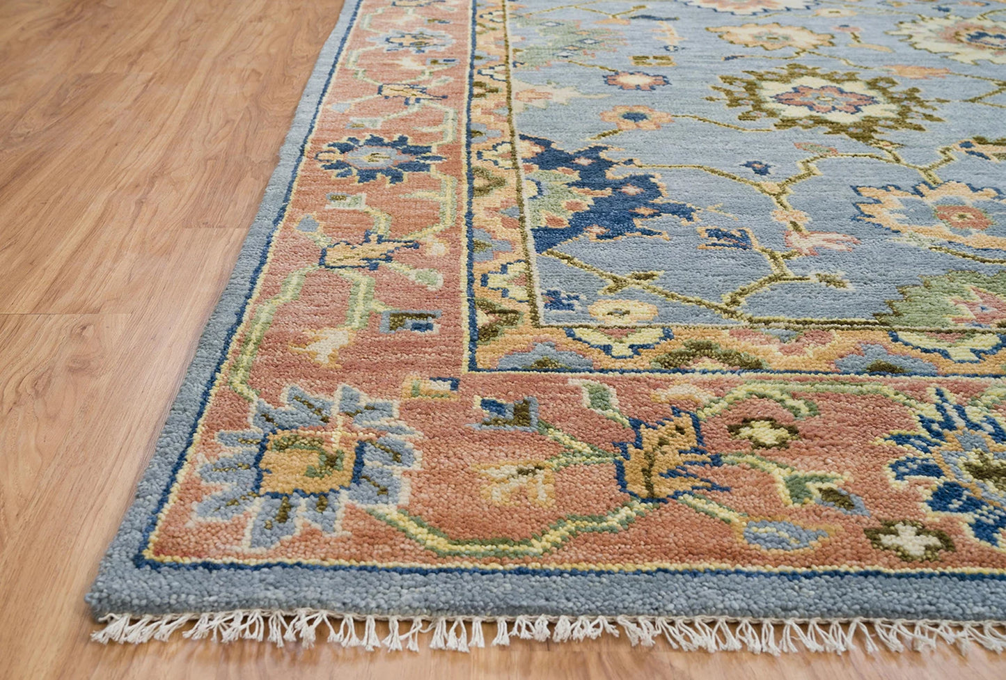 Bright Modern Oushak Wool Rug – Hand-Knotted Turkish Rug in Gray, Rust, Navy Blue & Olive Green