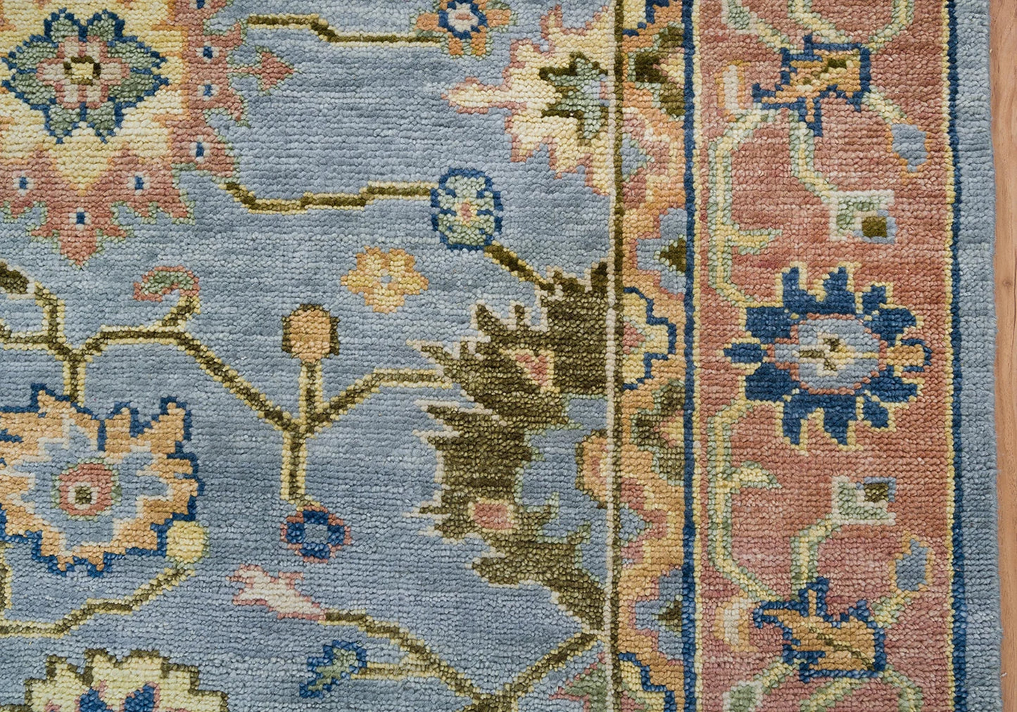 Bright Modern Oushak Wool Rug – Hand-Knotted Turkish Rug in Gray, Rust, Navy Blue & Olive Green