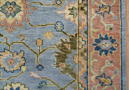 Bright Modern Oushak Wool Rug – Hand-Knotted Turkish Rug in Gray, Rust, Navy Blue & Olive Green