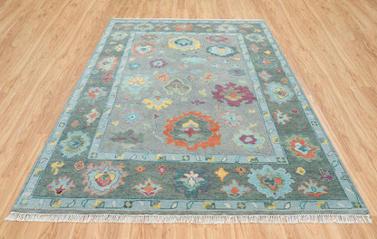 Modern Oushak Rug – Gray Green Wool | Colorful Abstract Turkish Area Rug