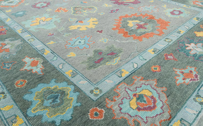 Modern Oushak Rug – Gray Green Wool | Colorful Abstract Turkish Area Rug