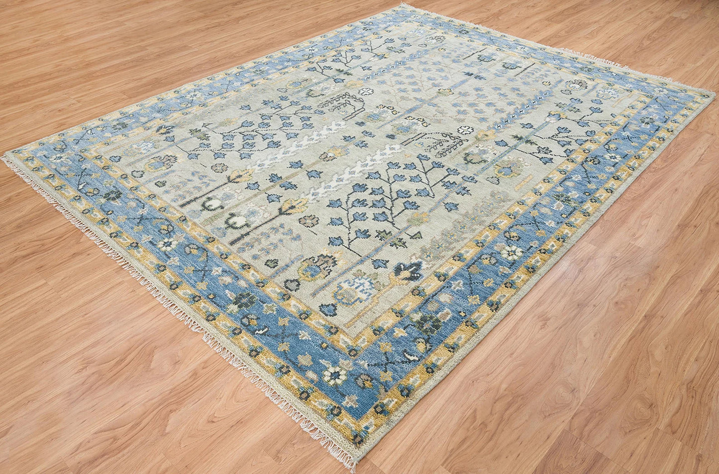 Handmade Persian Rug – Yellow Blue Floral Wool Area Rug 8x10 | Cream, Gold, Green & Ivory for Living Room