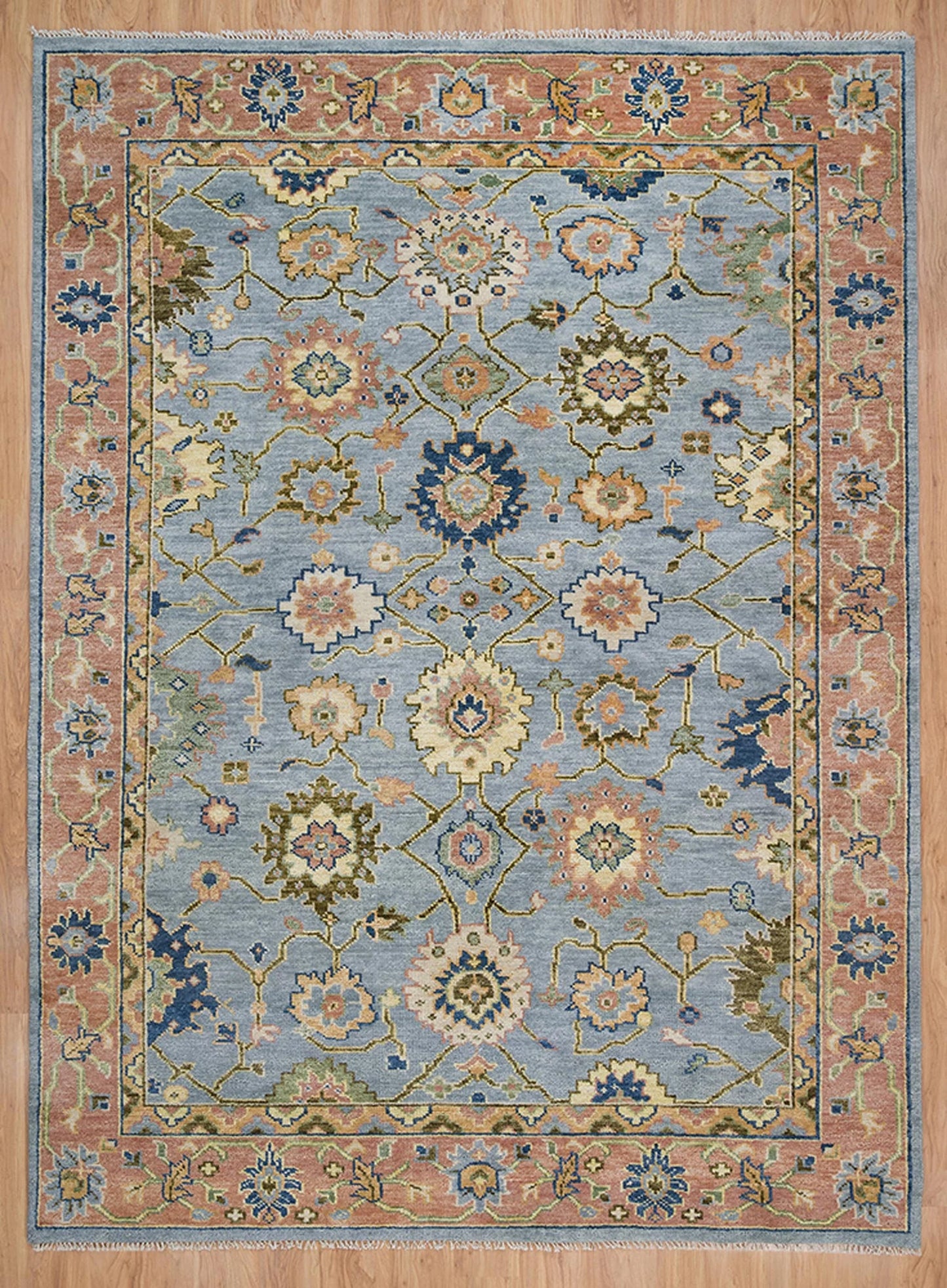 Bright Modern Oushak Wool Rug – Hand-Knotted Turkish Rug in Gray, Rust, Navy Blue & Olive Green