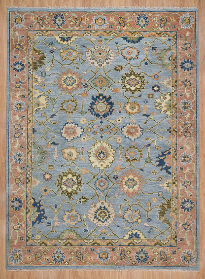 Bright Modern Oushak Wool Rug – Hand-Knotted Turkish Rug in Gray, Rust, Navy Blue & Olive Green