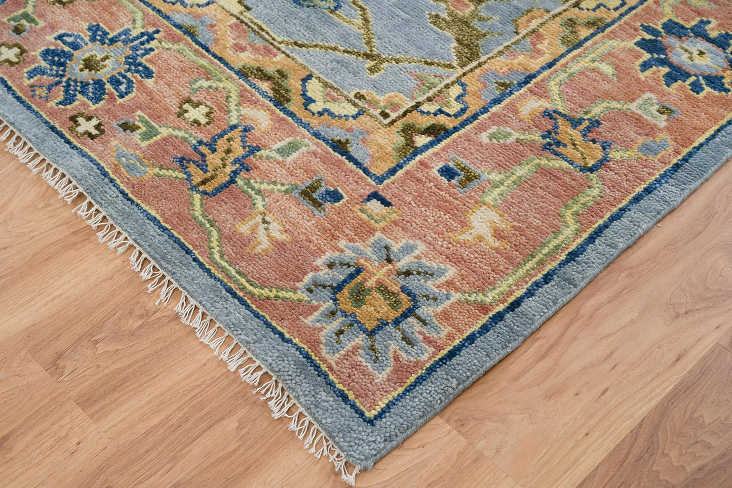 Bright Modern Oushak Wool Rug – Hand-Knotted Turkish Rug in Gray, Rust, Navy Blue & Olive Green