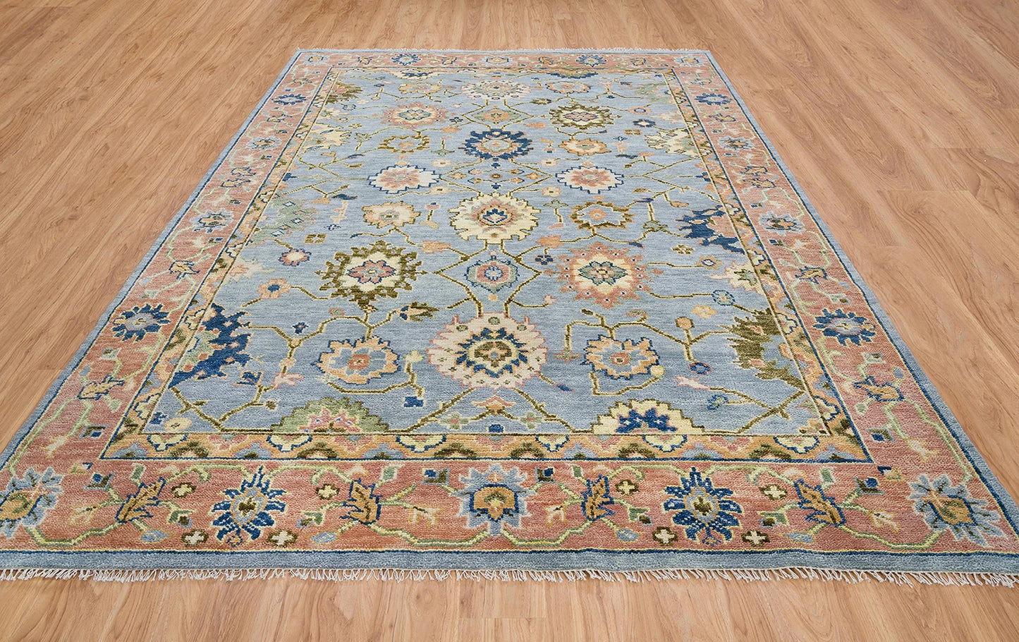 Bright Modern Oushak Wool Rug – Hand-Knotted Turkish Rug in Gray, Rust, Navy Blue & Olive Green