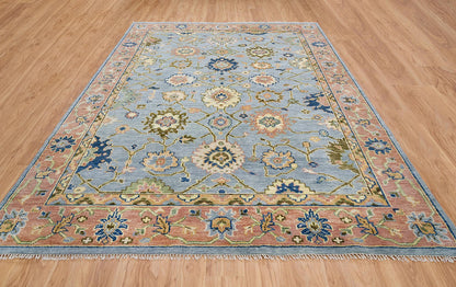 Bright Modern Oushak Wool Rug – Hand-Knotted Turkish Rug in Gray, Rust, Navy Blue & Olive Green